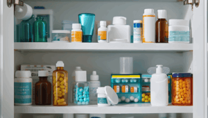 A neatly organized medicine cabinet filled with various prescription and over-the-counter medications. Shelves display pill bottles, jars, and containers in different colors including amber, white, teal, and blue.